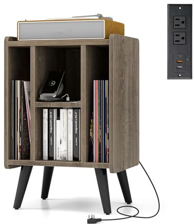 GOPLUS Soporte para Tocadiscos con Estación De Carga, 4 Compartimentos De Almacenamiento Y Patas De Apoyo Elevadas, Soporte para Discos De Vinilo para Sala De Estar, Oficina (Roble Gris)