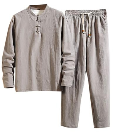 Darringls Kung Fu Herren Leinen Anzug Einfarbig 2 Teiliges Jacke und Hose Traditionelle Chinesische Kampfkunst Lange Ärmel Training Freizeit Kleidung Tai Chi Qigong Wing Chun Shaolin Wushu Uniform