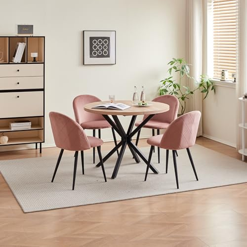 DEYARNA HOME Matgrupp set bord och stolar, matbord och 4 stolar, sammetsmatstolar, bordsskiva av MDF, svarta bordsben, modernt köksbordsset (ljus träfärg/rosa, 100 x 100 x 76,5 cm)