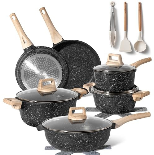Just Perfecto Set of 15 Pots and Pans, Non-Stick Cookware Set, Black Granite Induction Cookware Non-Stick Set with Frying Pans and Saucepans (PFOS, PFOA Free)