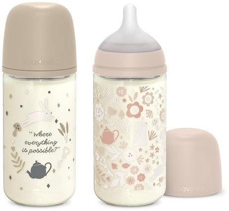 Suavinex, Confezione Biberon in Vetro da 240 ml. SX Pro Biberon simmetrica in silicone, Anti-colica, Biberon a flusso medio (M), Per bambini +3 mesi, Wonder Rosa, Beige