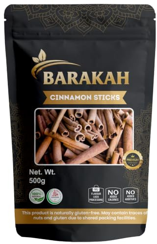 Barakah Cinnamon Sticks 500g – 100% Natural Whole Cassia Bark Quills for Cooking, Baking, Tea – Aromatic Vietnamese Cinnamon Sticks, Non-GMO & Additive Free, Whole Spices