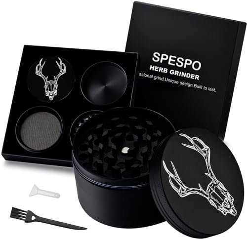 Spespo Herb Grinders | Large Spice Crusher 63mm, 4 Layers Metal Grinder with Pollen Scraper and Brush | for Spices, Herbs & Tea | Black Gift Box (Deer Carving)