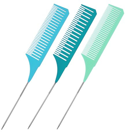 3pcs Highlighting Comb,Professional Teasing Combweaving Combs for Highlighting With Long Stainless Steel Rat Tail for Home and Salon(blue and green)