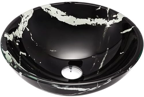 HJDQMDHA Badarmaturen Badezimmerwaschbecken aus gehärtetem Glas, rund, über der Theke, Waschbecken aus schwarzem Glas, schnelle Entwässerung, Aufsatzwaschbecken Geschenk