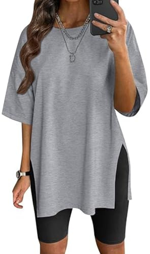 Damen Oversized T-Shirt Größen Tees Basic Tops T Shirt Seite Split Kurzärmliges Runden Hals Loose Fit Grau L