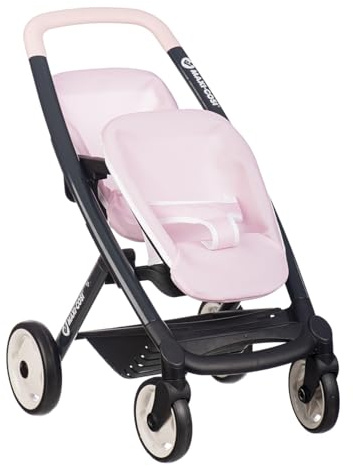Smoby - Maxi-Cosi - Cochecito Gemelar Rosa - Juguete de Imitación - para 2 Muñecas de hasta 42 cm - Ruedas Silenciosas y Multidireccionales - A Partir de 3 Años - Fabricado en España