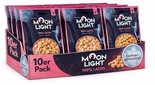 Moonlight Katzen-Croutons, 10 Päckchen – Lachs, gefriergetrocknet, 100% Lachs, Premium Katzensnack & Topping, kross & pur, ohne Getreide & Zucker