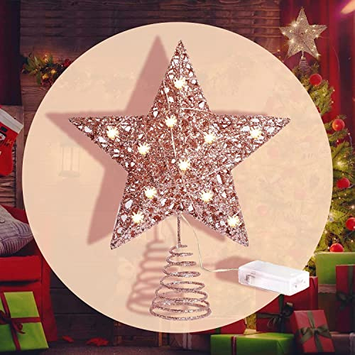 Christmas Tree Topper, Christmas Tree Star Decorations Glittered Gold Star Christmas Tree Topper for Xmas Holiday Party Home Indoor Decororations (Rose)