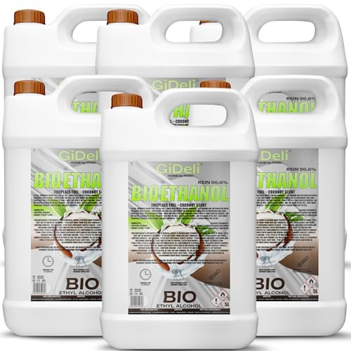 GiDeli Bioetanolo 6 x 5 l profumo di cocco 96,6% etanolo per camini interni ed esterni, senza fumo e fuliggine, da mais e barbabietola da zucchero