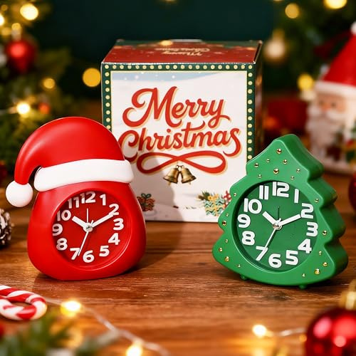 AYRELY® Weihnachtswecker 2er-Set - Weihnachtsmannmütze & Weihnachtsbaum-Tischuhren, leise, nicht tickende, batteriebetriebene Schreibtischuhren für Kinderzimmer, Wohnzimmer oder festliche