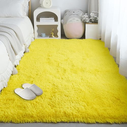 QINLIGAO Flauschiger Hochflor Teppich 100 x 260 cm Hochflor Flauschig Langflor Teppiche Seidenglanz für Schlafzimmer, Esszimmer Als Stilvoller Küchenteppich, Gelb