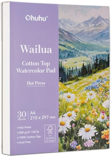 Ohuhu Aquarellpapier A4, 30 Blatt 300g/m² Heißgepresst - 100% Baumwoll-Oberfläche mit Patentierter Technologie, Säurefreier Mixed-Media-Block für Aquarell, Tusche & Gouache