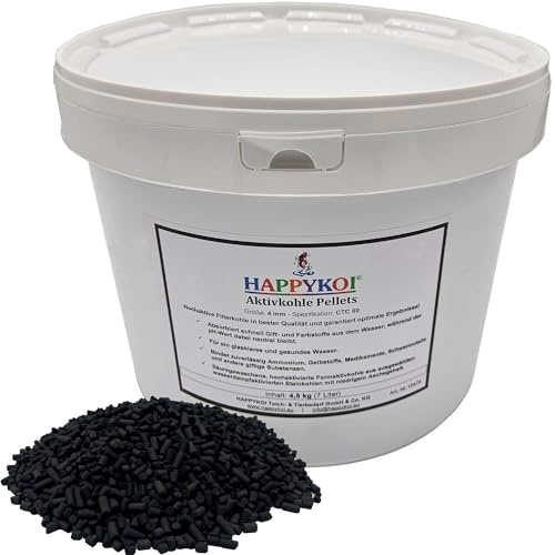 HAPPYKOI® Aktivkohle Pellets Ø4 mm - Inhalt: 4,5 kg (8,5 Liter) | Hochaktive Formaktivkohle + Filtermedienbeutel Koi Teich Aquarium Filter, klares Wasser, Dunstabzugshaube, Raumluftreinigung