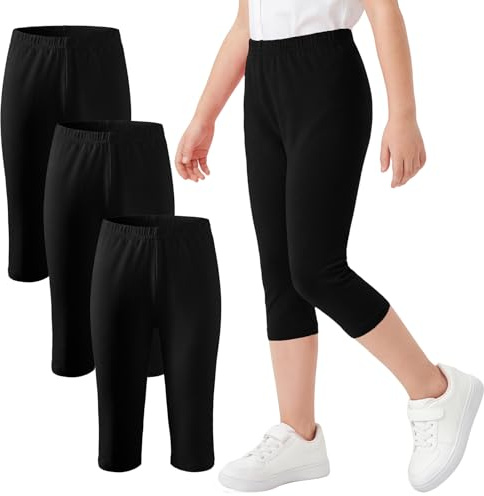 FILOWA Leggings Girls Cotton 3-Pack Capri Tights Pants, 10-12 Years, Black