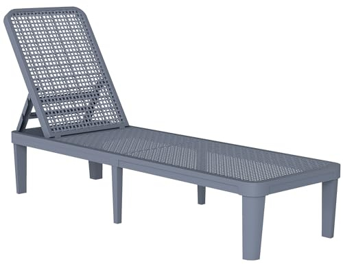 Outsunny Tumbona Reclinable, Tumbona Jardín Exterior de PP con Respaldo Ajustable en 4 Niveles, Carga 120 kg, para Patio, Terraza, Balcón, Montaje Fácil, 191x55x35,5 cm, Gris Oscuro