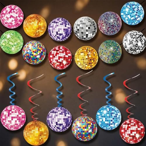 Disco Party Decorations 7-Piece Set - Retro Disco Ball Banner & 6 Spiral Hanging Decorations, Multicolor Value Pack for Adult Birthday, 70s Theme Party Supplies and Home Decor