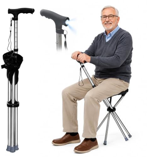 Canne Siège & Lampe de Poche LED, Réglable 74-96 cm, Canne de Marche Pliante Légère pour Seniors, Capacité 150 kg, Idéale pour Quotidien, Randonnée et Activités en Plein Air (Piles Non Incluses)