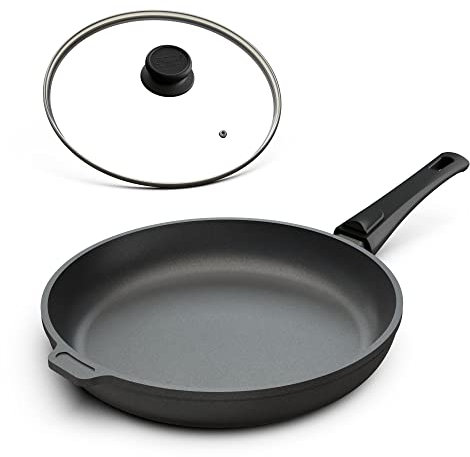 Hoffmann Aluguss Bratpfanne 28 cm Induktion mit Deckel 4,5 cm Innenhöhe I Made in Germany I Hoher Rand I Abnehmbarer Griff I Antihaft beschichtet I Induktionspfanne für Bartkartoffeln Fisch Fleisch