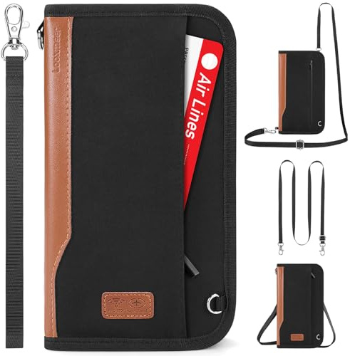 Looxmeer Cartera de Pasaporte Viaje, Funda Protectora con Protección RFID Impermeable, Portadocumentos Viaje con Correa Desmontable, Hombro y Muñeca para Hombres, Mujeres, Negro y Marrón