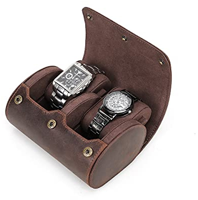 Hiram Leather Watch Roll Travel Case,Vintage Crazy Horse Leather 2-Slots Watch Box with Removable Velvet Pillows, Secure Metal Clasp, Perfect for Daily Display & Business Travel