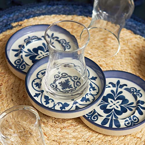 KARACA Zeher - Juego de servicio de té azul para 6 personas, juego de 12 piezas, té turco, vasos de té con platillos de gres