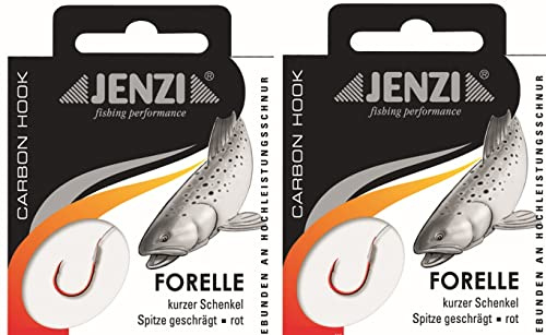 Spar-Set: 2 Packungen JENZI gebundene Forellenhaken (20 Stück) an 0,18er Mono, 60cm Hakengröße 12 + gratis Petri Heill! Aufkleber