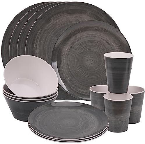 Trimming Shop Set da 16 pezzi, piatti, piatti da dessert, ciotole e tazze, set di stoviglie in melamina, stoviglie per feste, set di stoviglie infrangibili per interni ed esterni, picnic e campeggio
