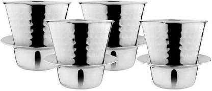 Set di 4 tazze da caffè in acciaio INOX con piattini (argento, tazza e piattino)