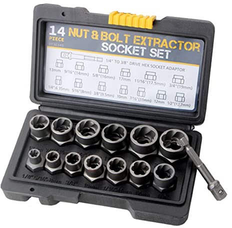 14-teiliges Schlagschrauben- und Mutternentferner-Set, abisoliert, Radmuttern-Entferner mit Sechskant-Adapter, Extraktions-Steckschlüssel-Set zum Entfernen von Schrauben und Muttern, mit solider