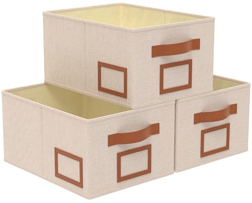 OUTBROS 3 Stück Aufbewahrungsboxen Stoff, Faltbare Aufbewahrungskiste Organizer mit Griff, Groß Aufbewahrungskorb Ordnungsboxen für Kleiderschrank, Kleidung, Bücher (40 x 30 x 20cm, Beige)