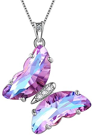 Collier Aurora Tears en forme de papillon avec pendentif en cœur en argent sterling 925 pour femmes - Pierre de naissance, cristal - Pour mariage, anniversaire, bijoux, Pendel: 2 * 2,5 cm, Kette: 45