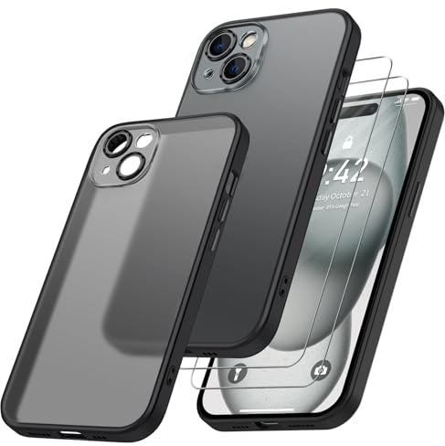 Qasyfanc Hybrid Cover Compatibile con iPhone 15 con Protezione Fotocamera e 2 Pellicola Vetro Temperato, Custodia per iPhone 15 Sottile Antiurto Anti-Graffio, Nero Opaco