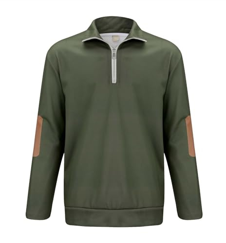 Mens Casual Quarter Zipper Patch Polo Sweatshirts Classic Tactical Stand Collar Pullover Tops Winter Outdoor Mock NeckThermal Golf Sport Jogging Shirts Green