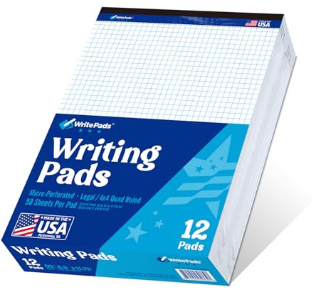 WritePads Legal note pads Legal Pad Quad Ruled Note Pads, Graph Ruled 8.5x11 inch Legal Pad, Quad (4x4) Paper Writing Pads, White 12 pads, BL-MWT50Q-12, Made In The USA.