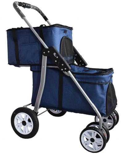 DECORN 4-Rad-Doppel-Haustier-Kinderwagen für Hunde und Katzen – 2-lagiger Haustier-Reise-Kinderwagenträger, Trolley-Jogger – Ideal für Reisen mit Zwei oder Mehreren Haustieren,Blue
