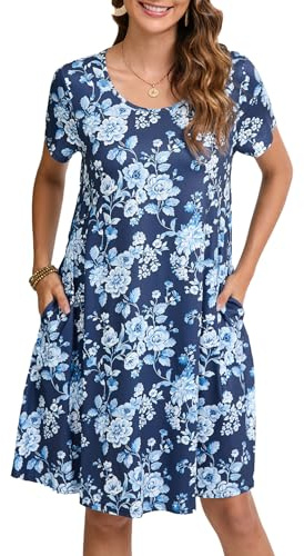 Enmain Abito Estivo Donna a Maniche Corte T-Shirt Vestiti con Tasche Casual Boho Lunghezza al Ginocchio Abito Donna, Blu Floreale, XL