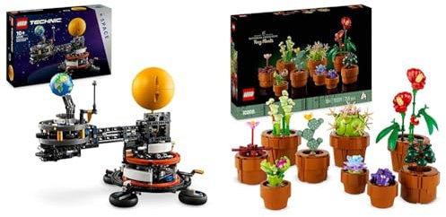 LEGO Technic Planet Earth and Moon in Orbit Model Building Set, Outer Space Toys for 10 Plus Year & 10329 Icons Tiny Plants Set, Artificial Flowers in 9 Buildable Teracotta-Coloured Pots