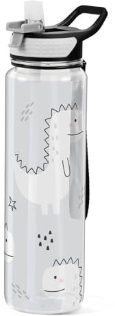 Mnsruu Transparente Sport-Wasserflasche mit Strohhalm, auslaufsichere Trinkflasche, Cartoon-Tier, weißer Dinosaurier mit Sternen, Fahrradflaschen für Sport, Büro, Schule, BPA-freier Tritan-Kunststoff,