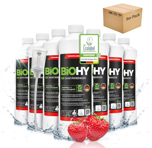 BiOHY Sanitetsrengörare Plus (9 x 1l flaska) + doser | Kalknedbrytande koncentrat för sanitetsområdet | Badrumsrengöring med en behaglig och fräsch doft | EXTRA STARK (Sanitärreiniger Plus)