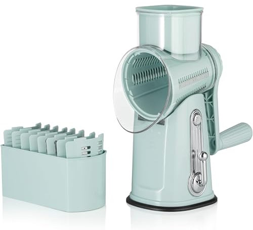 CasaNobile Grattugia Manuale, Tritatutto Multifunzione, Mandolina Verdura Professionale, Taglia Verdure con Manico, Base Aspirante Antiscivolo e 5 Lame Intercambiabili per Verdura e Formaggio (verde).