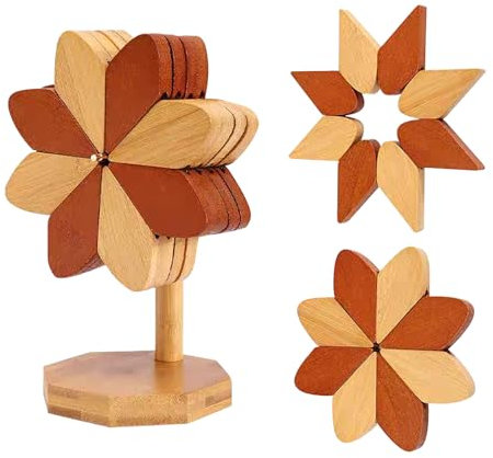 Wooden Tree Coaster, Trivet for hot Dishes, Trivet for hot Pot and Flat Bottomed pan, Wooden Windmill Cup Holder -3 or 4 or 5 Wooden mats+1 Bracket(Windmill placemats 4 pcs)