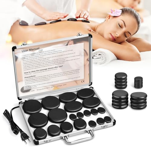 Hot Stone - Set di pietre massaggianti in basalto con custodia riscaldante portatile, riscaldatore per uso domestico, massaggiatore, spa, relax (20)