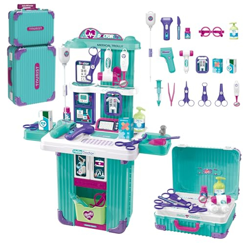 deAO Doctor Set de Juego Kit de Juego de rol, Maletín de Juguete para Niños, Maletín Portátil para Niños con Termómetro, Jeringa, Juguetes Médicos Regalos para Niños a Partir de 3 Años (Verde)