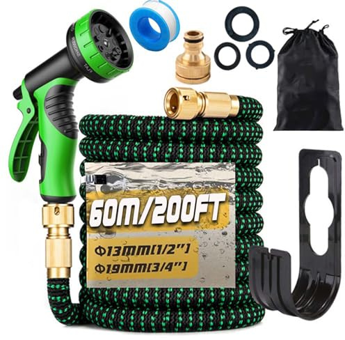 Gziztx 200FT/60M Expandable Garden Hose Flexible Magic Garden Hose Pipe with 3/4 1/2 Fittings, 10 Function Spray Nozzle, 3-Layer Latex Tube (Black+Green)
