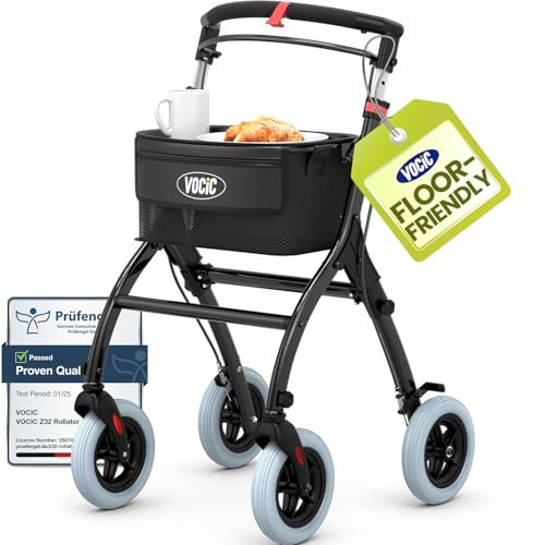 VOCIC Lightweight Indoor Rollator for Home,Foldable Indoor Rollator for Senior Aluminium Mobility Walker with Quiet Tires Rollators for Seniors with Foldable Tray, 5 Year Support