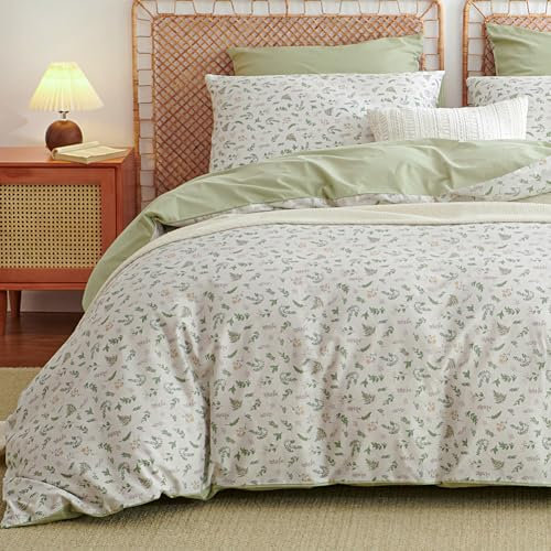 AShanlan Bettwäsche 135x200 Baumwolle Pflanzenmuster Grün Bettwäsche-Sets ÖKO-TEX Zertifiziert Weiß Grün Cotton Wendebettwäsche Bettbezug mit 1 Kissenbezug 80x80 cm Reißverschluss