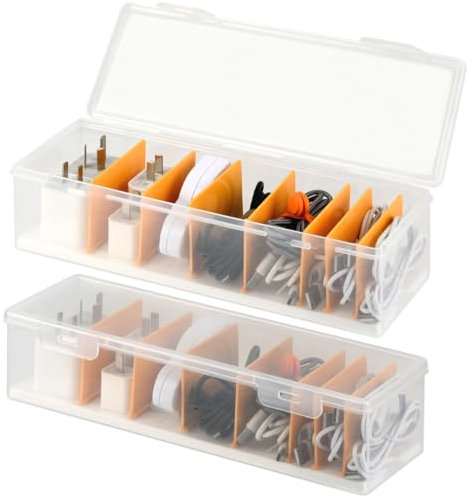 BATINO 2Pack Cable Management Box with Lid, Cable Storage Box Data Cables Tidy Bo x with 7 Compartments, Charging Cables Organiser Bo x Cord Organiser Bo x for Office, Home Charger Storage, Clear