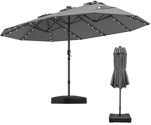 KOMFOTTEU Parasol de Jardin Double avec 48 Lumières LED, 450 x 260 cm, Parasol rectangulaire UPF 50+, Grand Parasols d’Extérieur pliable, pour Patio, Piscine, Terrasse, Café, Cour (Gris)