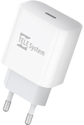 TELE System TS808 EU Caricabatterie USB-C 20W PD, Ricarica Rapida per Smartphone e Tablet, Adattatore da Parete Compatto, Protezione Integrata da Sovraccarico e Surriscaldamento.